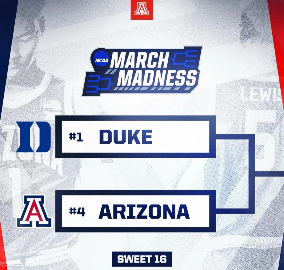 Graphic from Arizona Athletics that beginning with the NCAA March Madness logo followed by #1 Duke vs. #4 Arizona in the Sweet 16. The graphic is designed to be a bracket like the NCAA bracket.